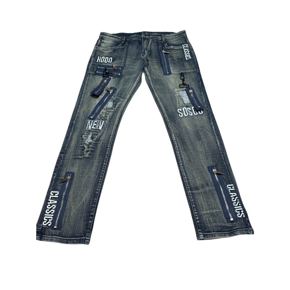 Graphic Y2K Classic Hood Embroidered Zipper Graphic Mens Denim Jeans 38x32 E8